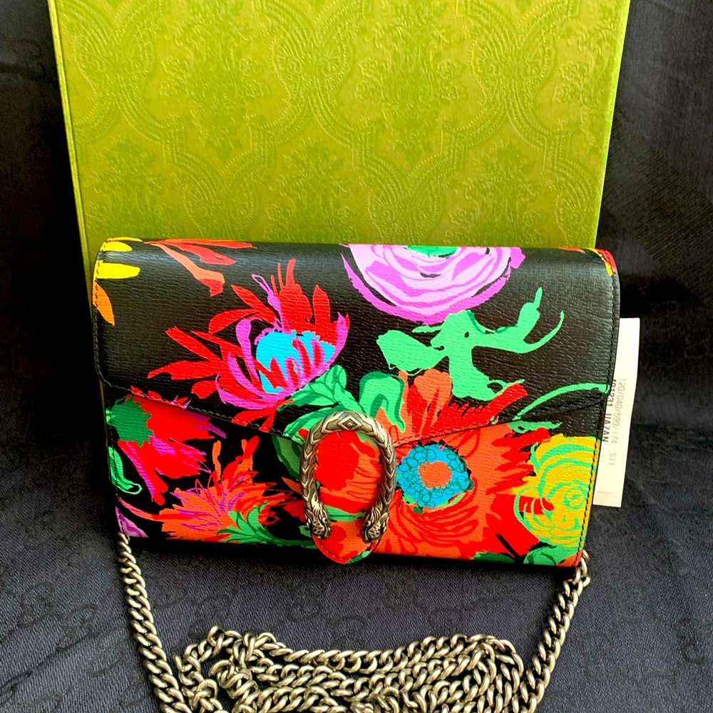 Gucci x Ken Scott Calfskin Floral Print Mini Dionysus Chain Wallet Black Pink